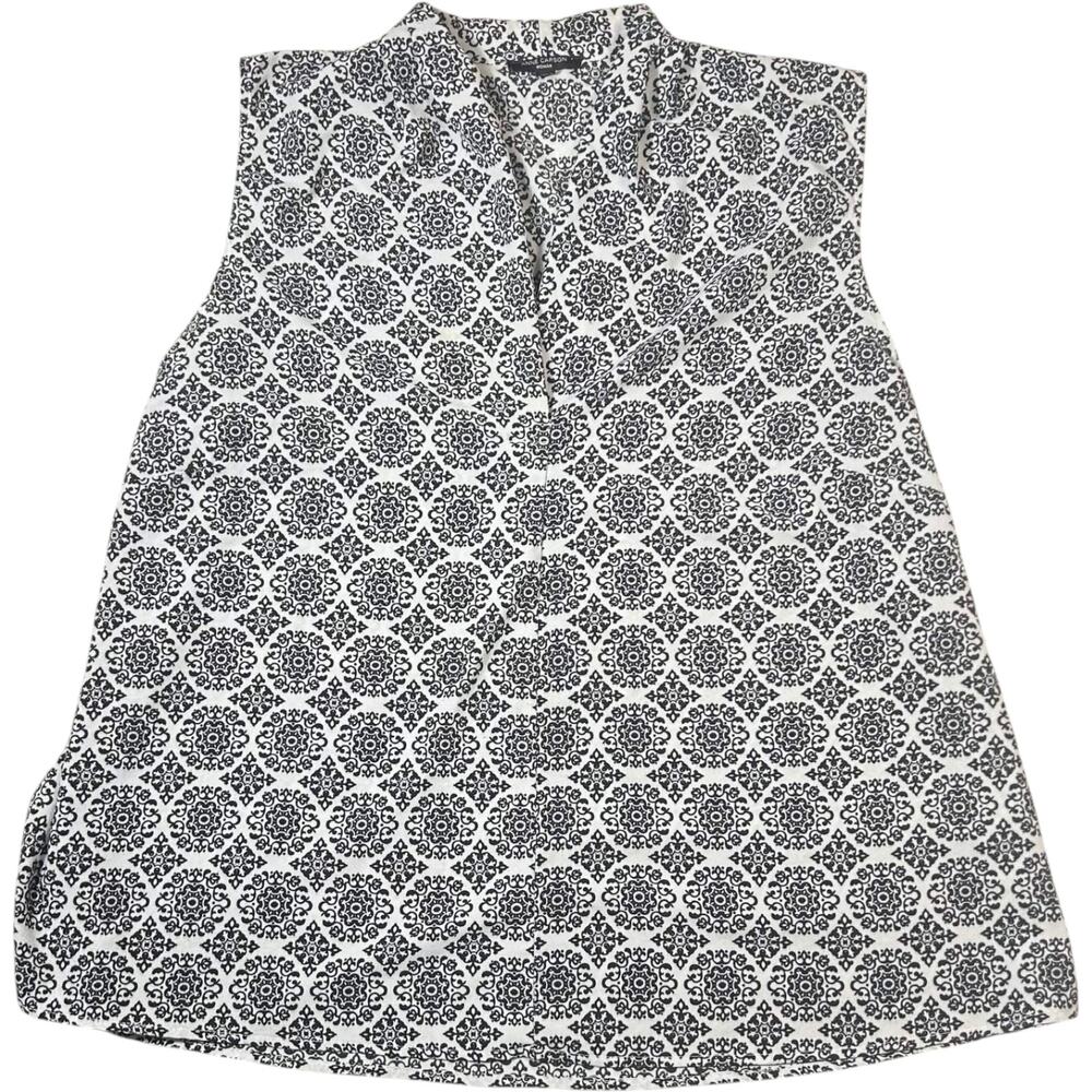 Anne Carson Black White Blouse Split Neck Medallion Print Women's 3X Office Core
